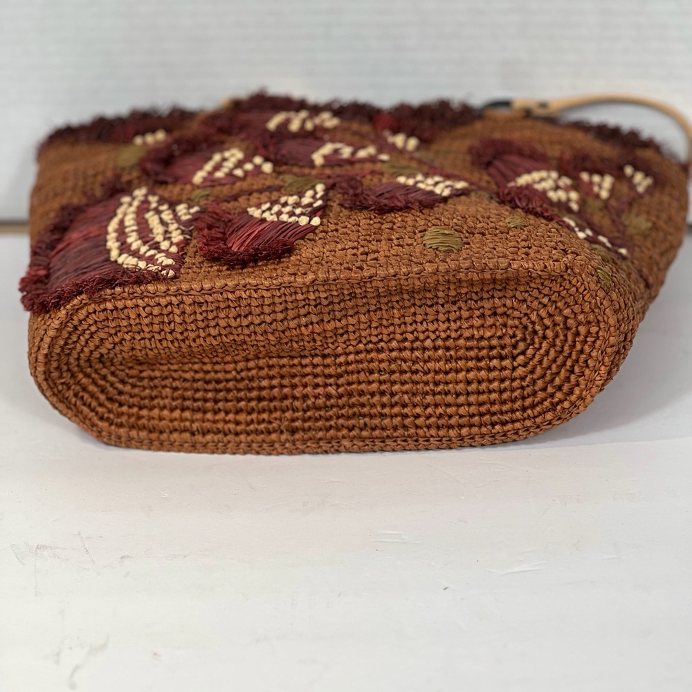 Jamin Puech Raffia Woven Tote Bag Embroidered Floral Pattern Leather Handles - Picture 6 of 15